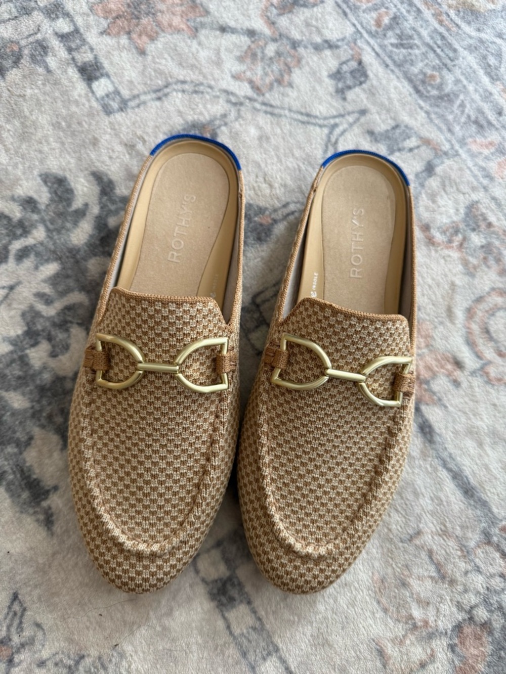 NEW Rothy's Tan Woven Slip-On Loafers with Gold Horsebit